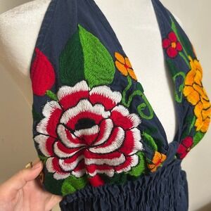 Mexican-Inspired Floral Embroidered Halter Jumpsuit‎ Womens Navy Smocked Boho